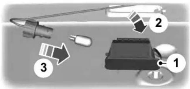 Diagram showing three labeled components of a device or sensor assembly, with numbered parts and directional arrows indicating flow or movement.