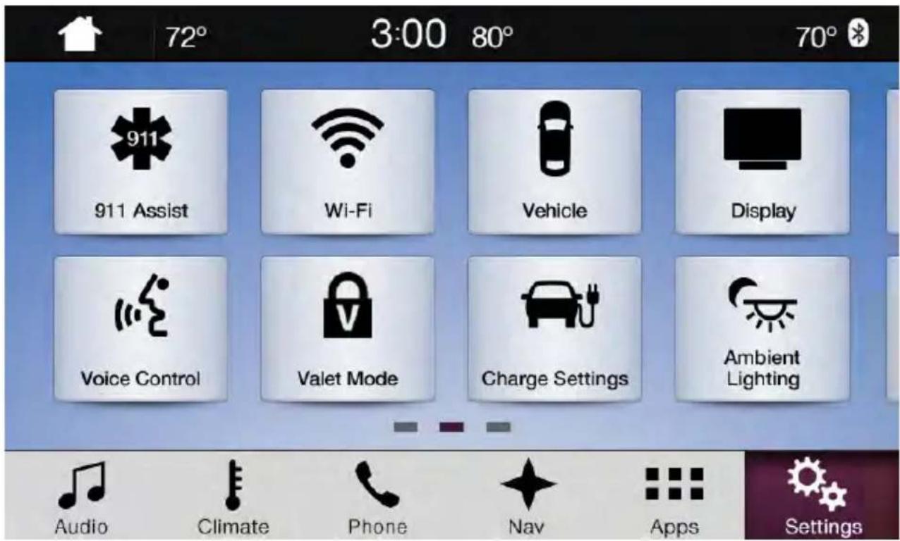 72° 3:00 80° 70° 911 911 Assist Wi-Fi Vehicle Display Voice Control Valet Mode Charge Settings Ambient Lighting Audio Climate Phone Nav Apps Settings