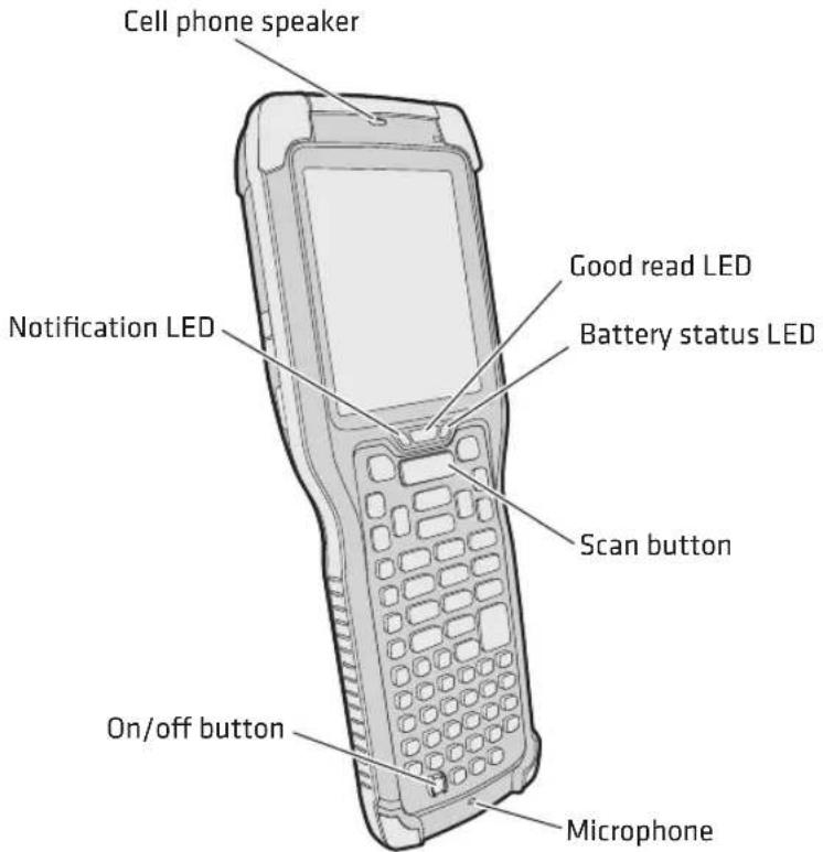 Cell phone speaker Good read LED Battery status LED Scan button Notification LED On/off button Microphone