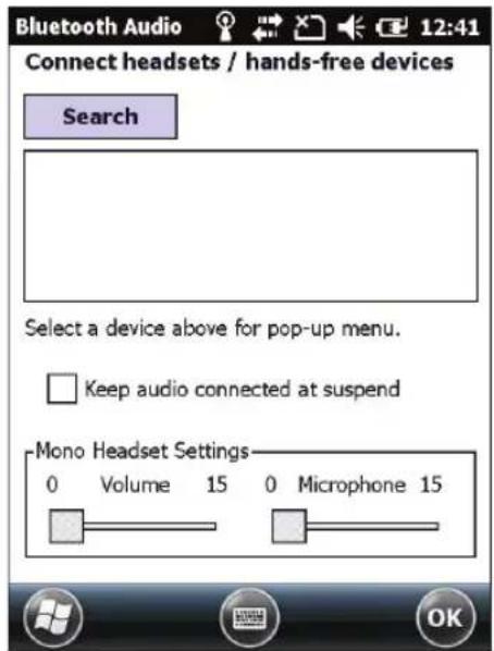 Bluetooth Audio 12:41 Connect headsets / hands-free devices Search Select a device above for pop-up menu. Keep audio connected at suspend Mono Headset Settings 0 Volume 15 0 Microphone 15