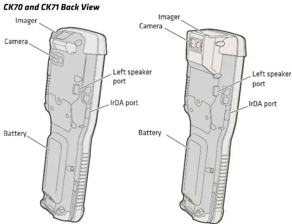 CK70 and CK71 Back View Imager Camera Left speaker port IrDA port Battery Imager Camera Left speaker port IrDA port Battery