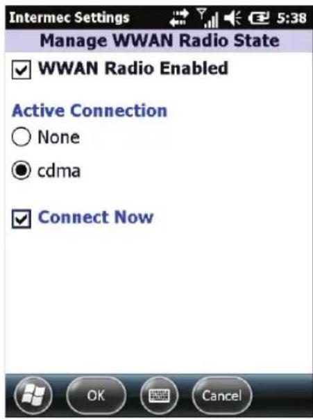 Intermec Settings Manage WWAN Radio State ✓ WWAN Radio Enabled Active Connection ○ None ● cdma ✓ Connect Now