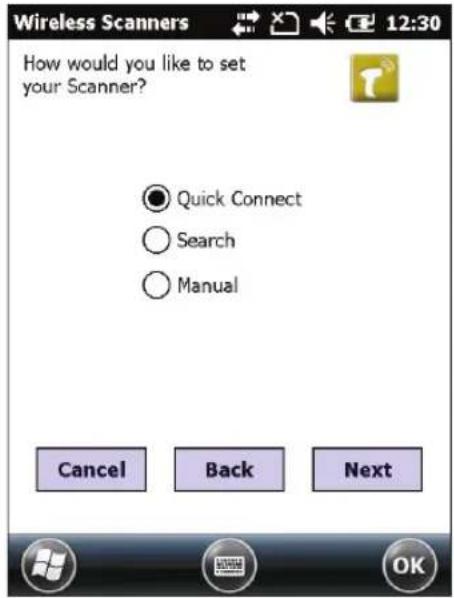 How would you like to set your Scanner? Quick Connect Search Manual Cancel Back Next