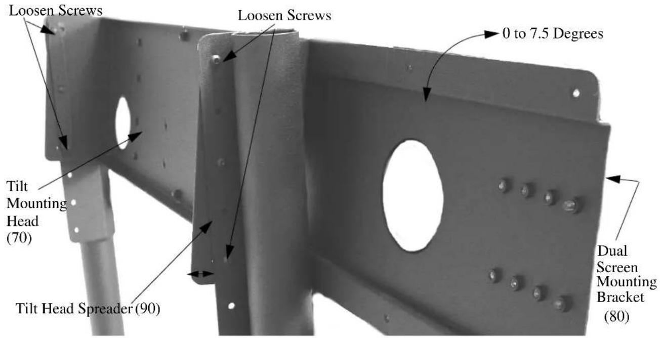 Loosen Screws Loosen Screws 0 to 7.5 Degrees Tilt Mounting Head (70) Tilt Head Spreader (90) Dual Screen Mounting Bracket (80)
