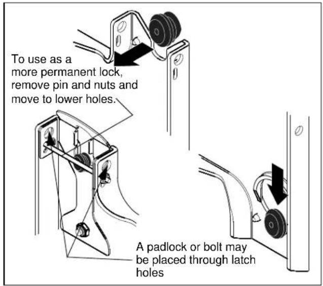 To use as a more permanent lock, remove pin and nuts and move to lower holes. A padlock or bolt may be placed through latch holes