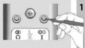 Hand holding a pen interacting with a control panel showing buttons and indicators