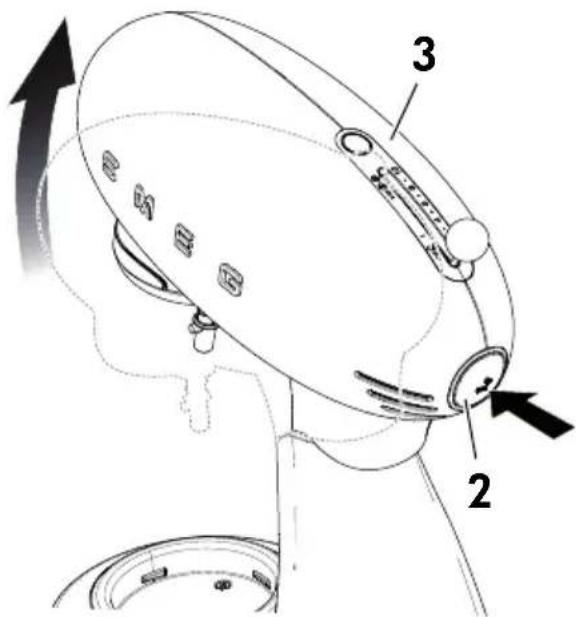 Technical diagram of a robotic head with labeled parts and directional arrows indicating motion or assembly.