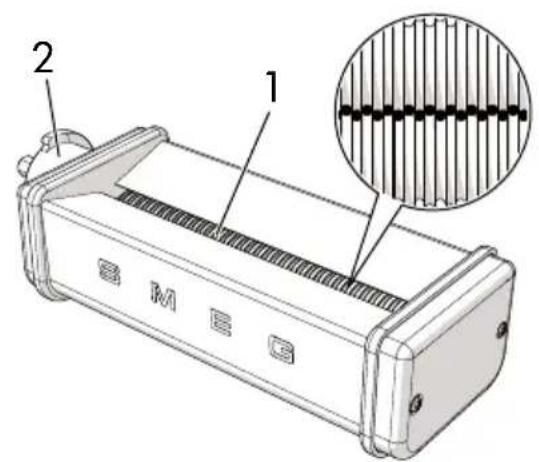 Technical diagram of a device with labeled parts and an inset showing a textured surface detail.