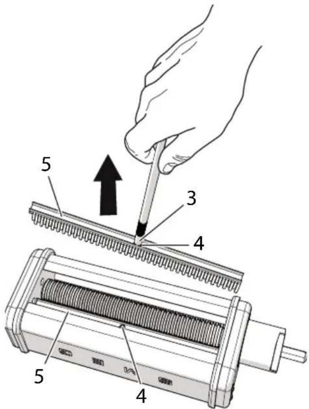 Diagram illustrating a hand using a tool to press or install a component, labeled with parts 3, 4, and 5.