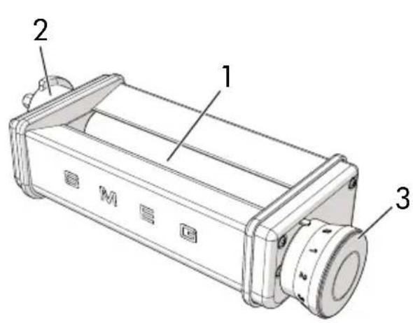 Technical diagram of a mechanical device with labeled parts 1, 2, and 3