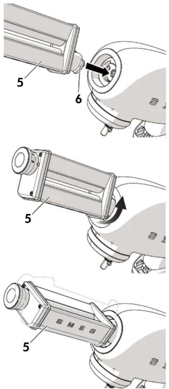 Technical diagram showing three-step assembly of a device with labeled parts and directional arrows indicating motion or assembly.