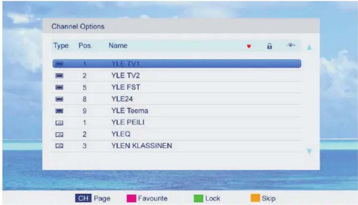 Channel Options Type Pos. Name 1 YLE TV1 2 YLE TV2 5 YLE FST 8 YLE24 9 YLE Teema 1 YLE PEILI 2 YLEQ 3 YLEN KLASSINEN CH Page Favourite Lock Skip