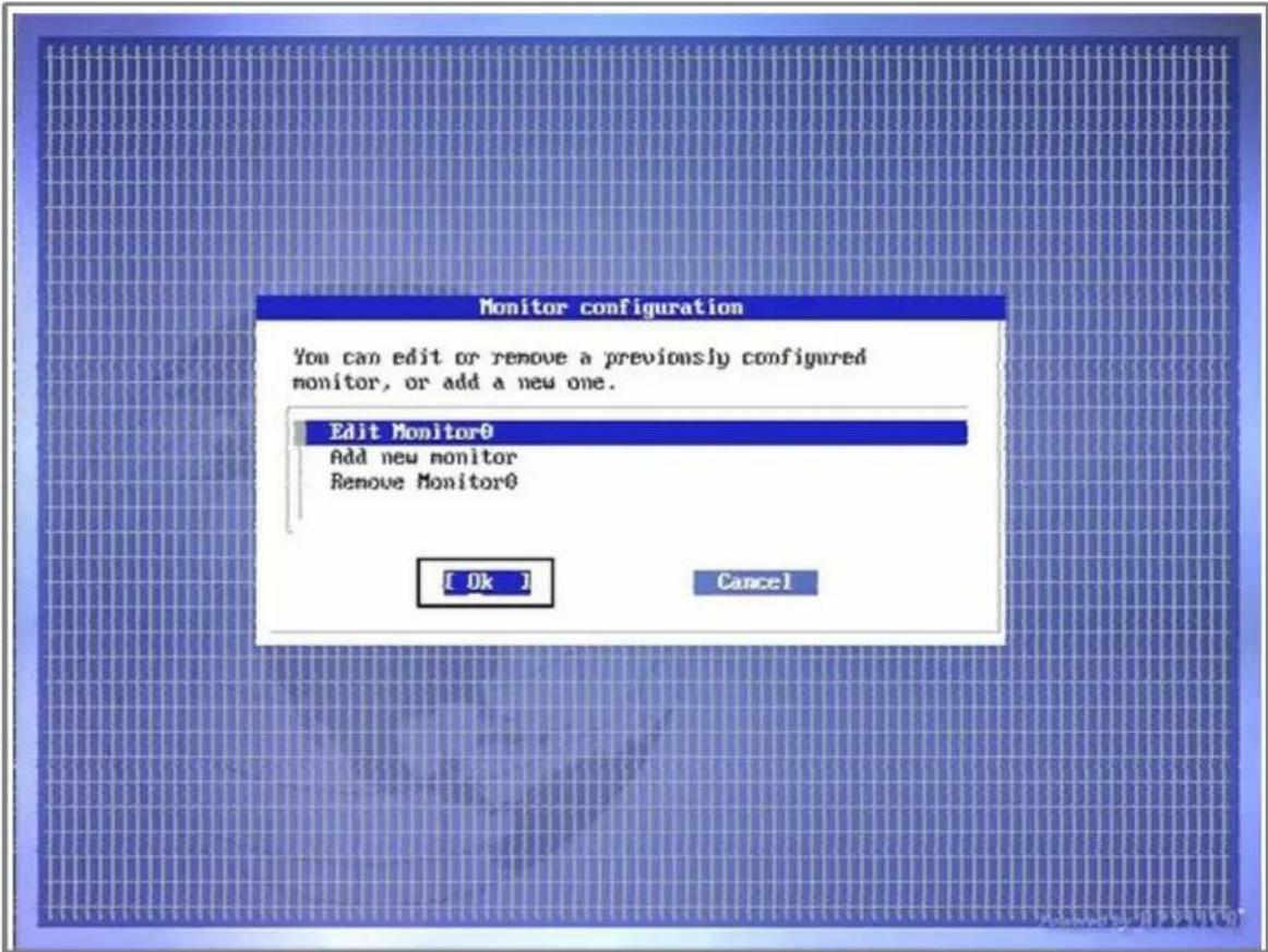 Monitor configuration You can edit or remove a previously configured monitor, or add a new one. Edit Monitor0 Add new monitor Remove Monitor0 [ Ok ] Cancel