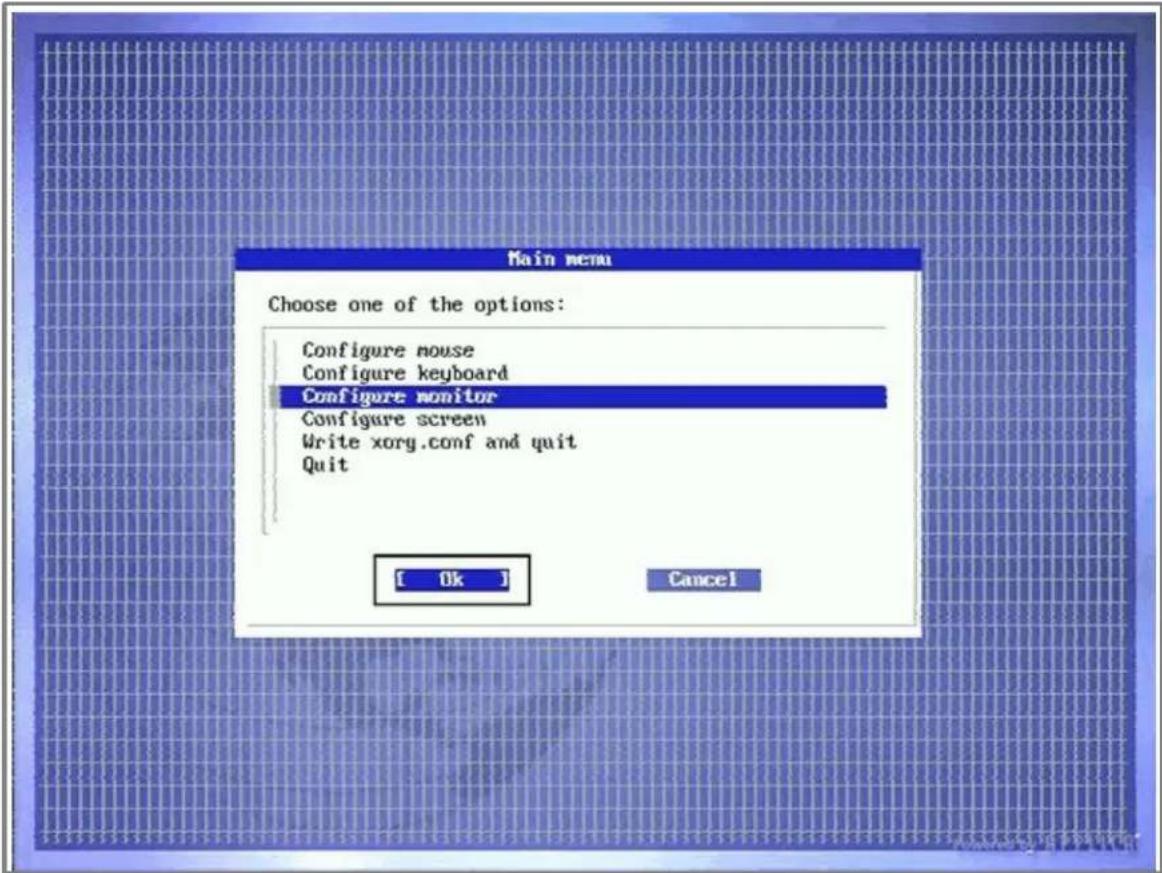 Main menu Choose one of the options: Configure mouse Configure keyboard Configure monitor Configure screen Write xory.conf and quit Quit [ Ok ] Cancel