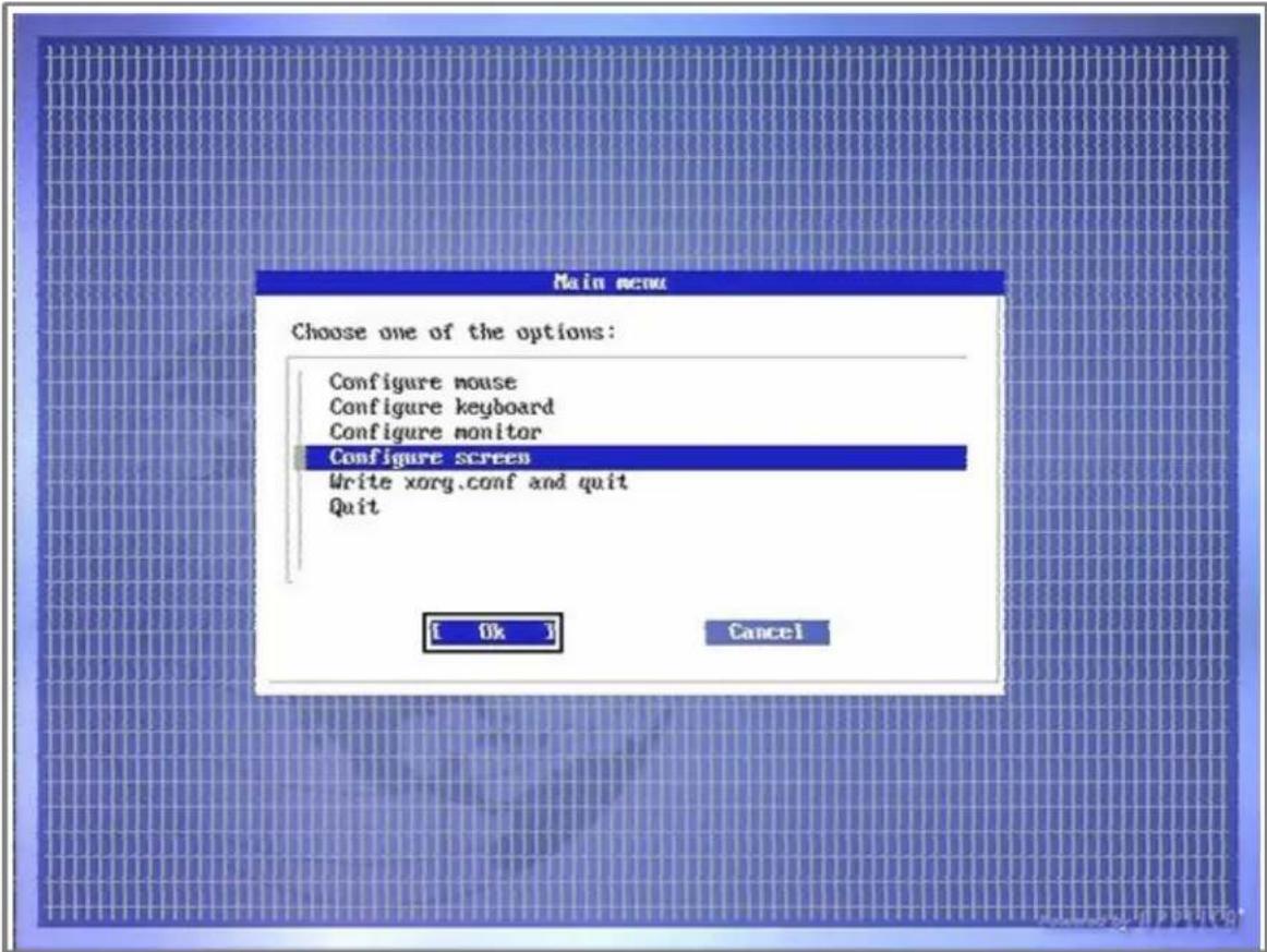 Main menu Choose one of the options: Configure mouse Configure keyboard Configure monitor Configure screen Write xorg.conf and quit Quit [ OK ] Cancel