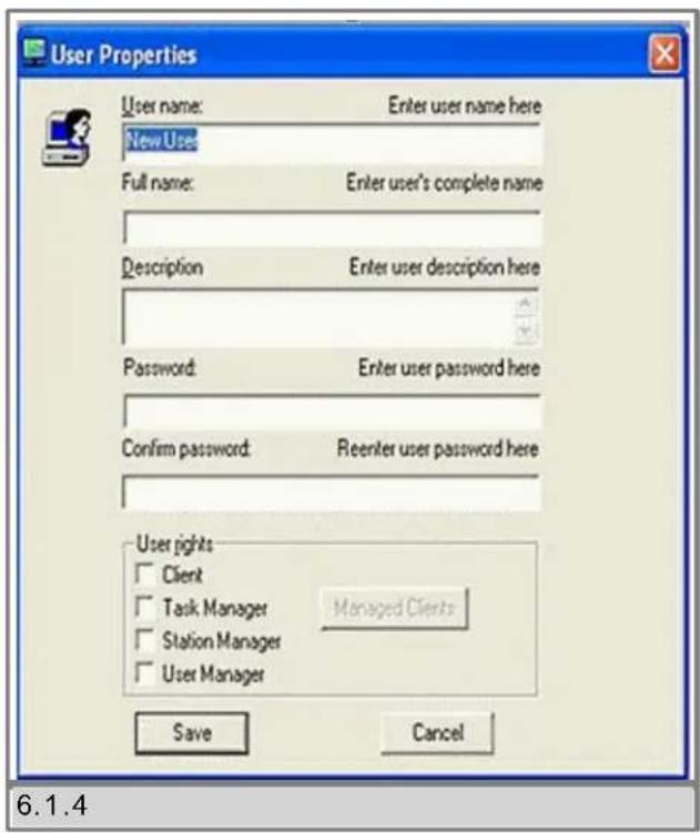 User Properties User name: Enter user name here New User Full name: Enter user's complete name Description Enter user description here Password: Enter user password here Confirm password: Reenter user password here User rights □ Client □ Task Manager Managed Clients □ Station Manager □ User Manager…