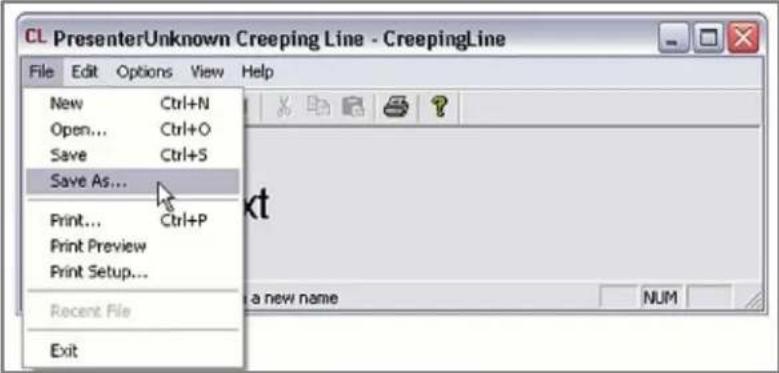 CL PresenterUnknown Creeping Line - CreepingLine File Edit Options View Help New Ctrl+N Open... Ctrl+O Save Ctrl+S Save As... Print... Ctrl+P Print Preview Print Setup... Recent File Exit a new name NUM