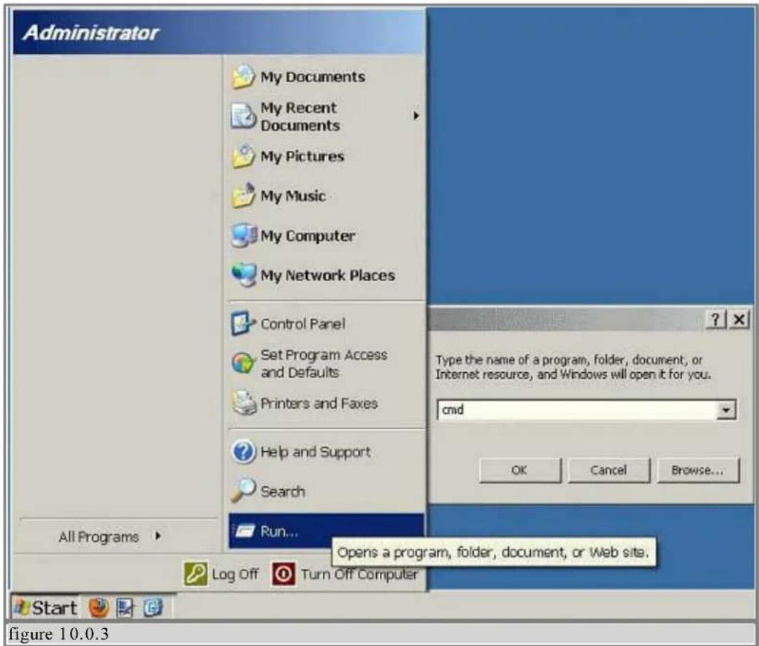 Administrator My Documents My Recent Documents My Pictures My Music My Computer My Network Places Control Panel Set Program Access and Defaults Printers and Faxes Help and Support Search All Programs > Run... Log Off Turn Off Computer Start Figure 10.0.3 Type the name of a program, folder, document,…