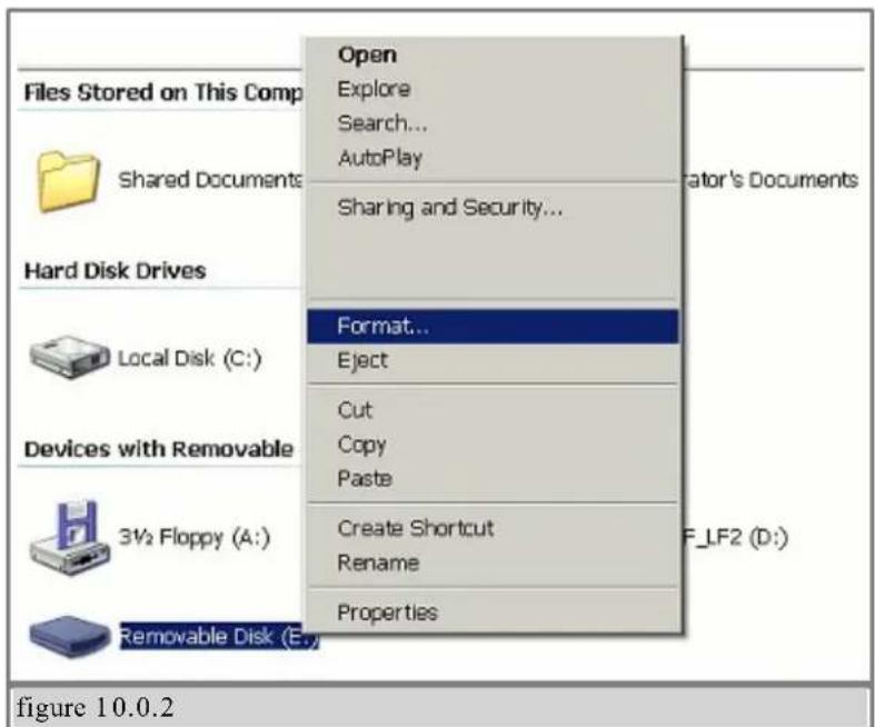 Files Stored on This Comp Shared Documents Hard Disk Drives Local Disk (C:) Devices with Removable 3½ Floppy (A:) Removable Disk (E:) Open Explore Search... AutoPlay Sharing and Security... Format... Eject Cut Copy Paste Create Shortcut Rename Properties Figure 10.0.2