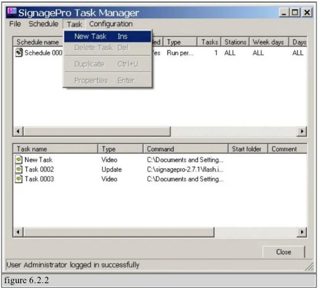 SignagePro Task Manager File Schedule Task Configuration New Task Ins Delete Task Del Duplicate Ctrl+U Properties Enter Schedule name Schedule 000 Type Tasks Stations Week days Days es Run per... 1 ALL ALL ALL Task name Type Command Start folder Comment New Task Video C:\Documents and Setting... Tas…
