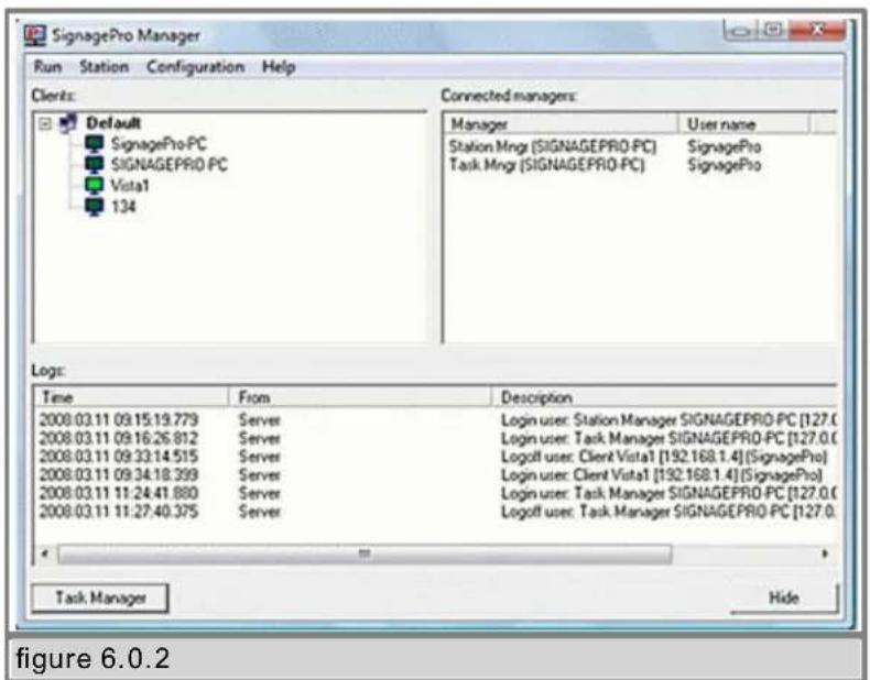 SignagePro Manager Run Station Configuration Help Clients: Default SignagePro PC SIGNAGEPRO PC Vista1 134 Connected managers: Manager User name Station Mngr (SIGNAGEPRO PC) SignagePro Task Mngr (SIGNAGEPRO PC) SignagePro Logs: Time From Description 2008.03.11 09:15:19.779 Server Login user: Station…