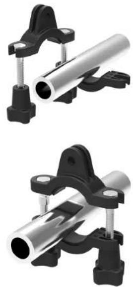 Two identical mechanical clamps with metallic shafts and mounting brackets, shown from different angles (no text or symbols visible)