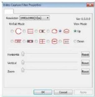 Video Capture Filter Properties Resolution: 1440x1440(3/μs) Unfold Mode View Mode Up Down Horizons Reset Vertical Reset Zoom Reset OK Cancel Apply