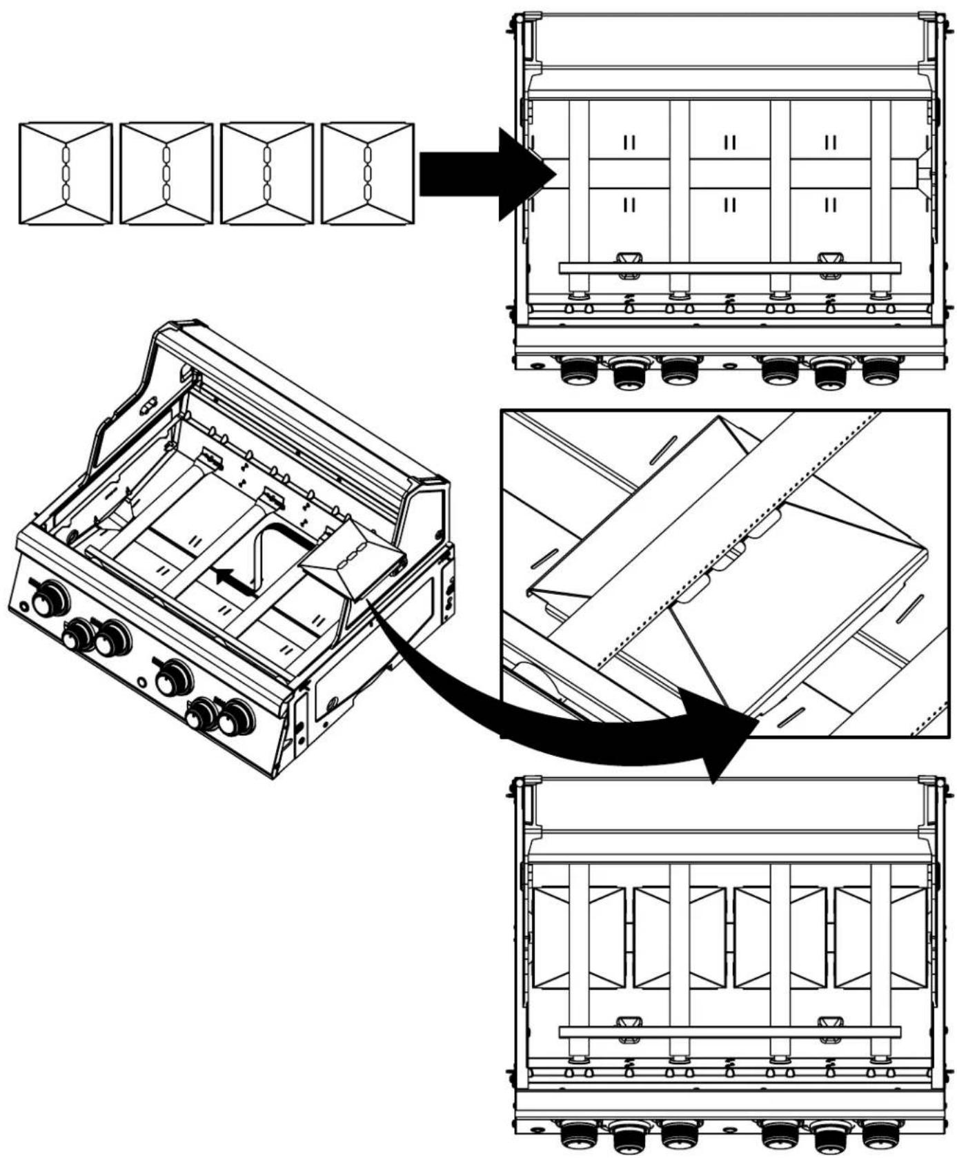Technical diagram showing assembly steps of a device with labeled components and directional arrows indicating process flow.