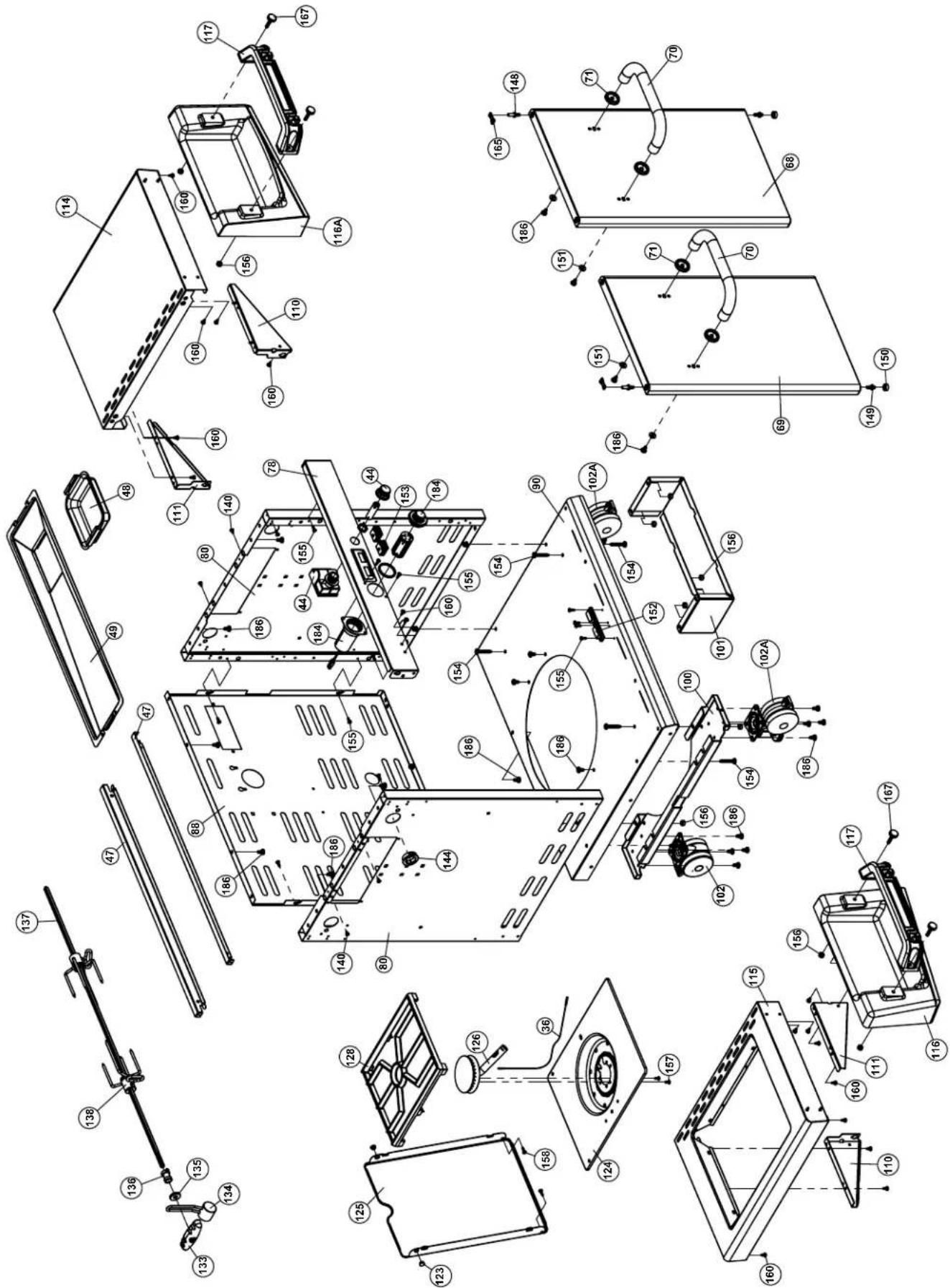 Technical schematic diagram of a multi-chamber appliance with numbered components and assembly lines