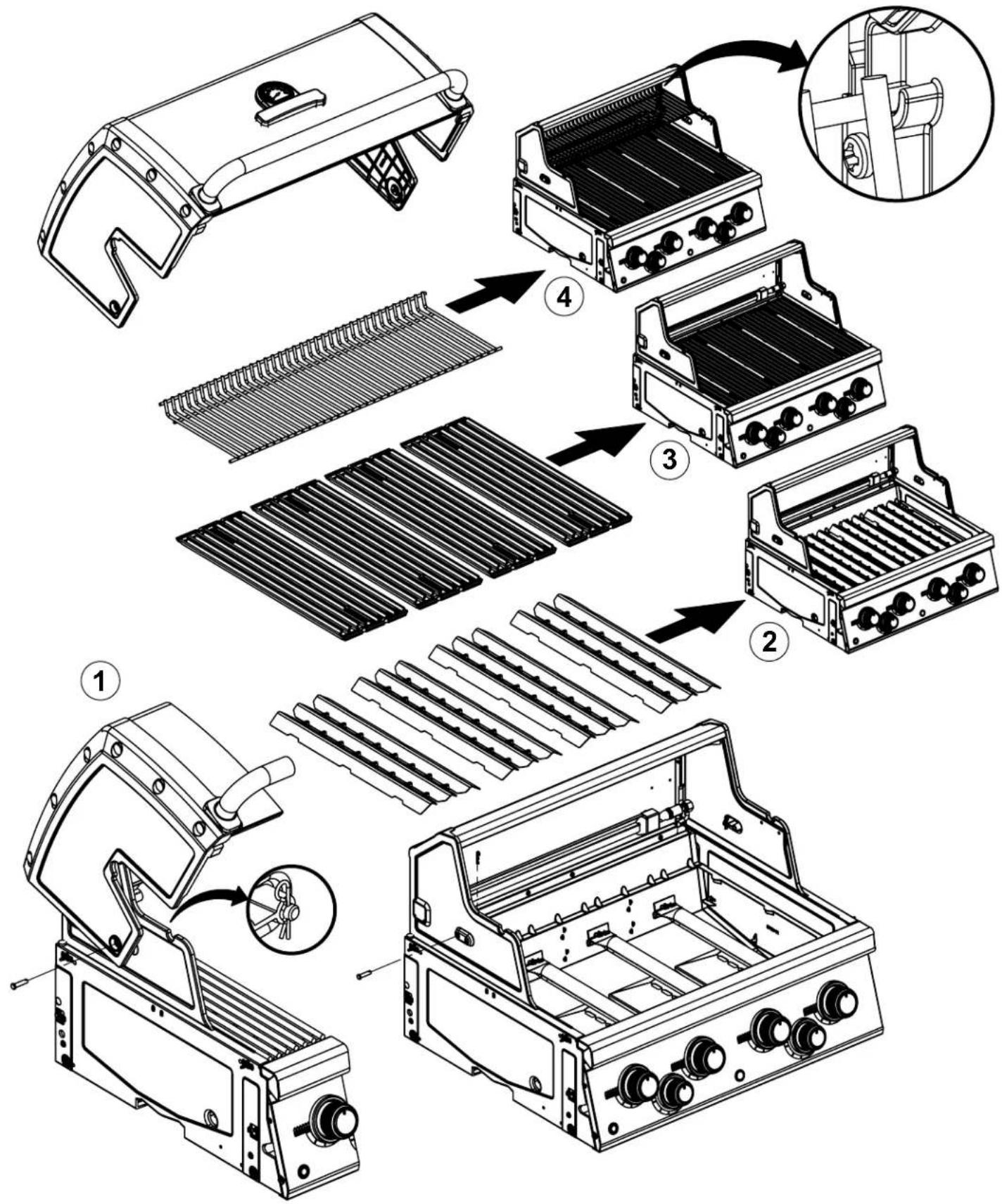 Technical diagram showing exploded view of a portable electric grill with labeled components and assembly steps