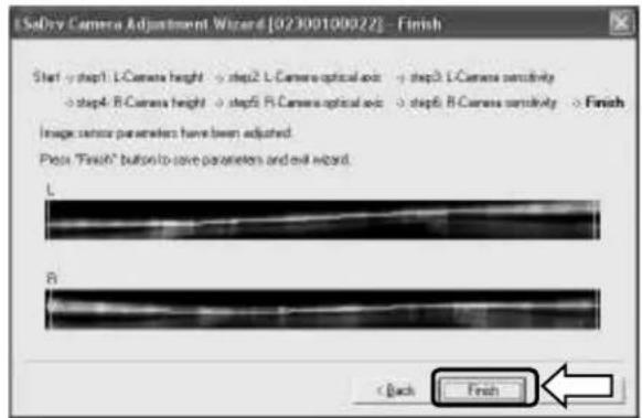 SoDev Camera Adjustment Wizard [02300100022] - Finish Start: step1: L-Camera height step2: L-Camera optical axis step3: L-Camera sensitivity step4: R-Camera height step5: R-Camera optical axis step6: R-Camera sensitivity Finish Image sensor parameters have been adjusted. Press "Finish" button to save parameters and exit wizard. L B < Back Finish