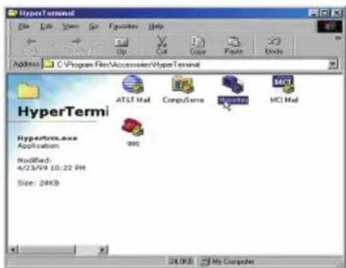 HyperTermi HyperTermi.exe Application: NoOFiled: 4/23/99 10:22 PM Size: 24KB AT&T Hall Computive MOS MCI Hall 24 KB My Computer