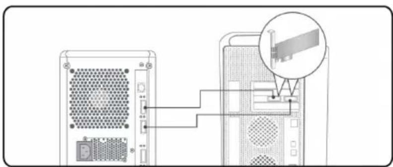 Diagram showing two server racks connected to a computer tower, with a magnified inset highlighting the internal structure (no text or symbols present)