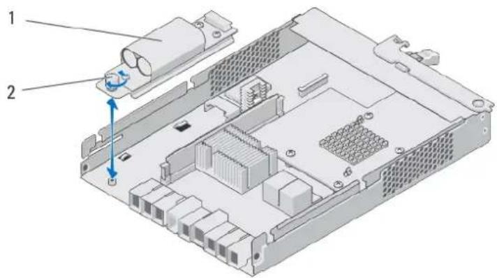 Technical diagram of an electronic device showing labeled components and a blue directional arrow indicating movement or force.