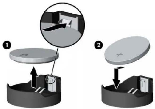 Diagram illustrating two steps of a mechanical or electrical component assembly, labeled 1 and 2, with arrows indicating movement and components.