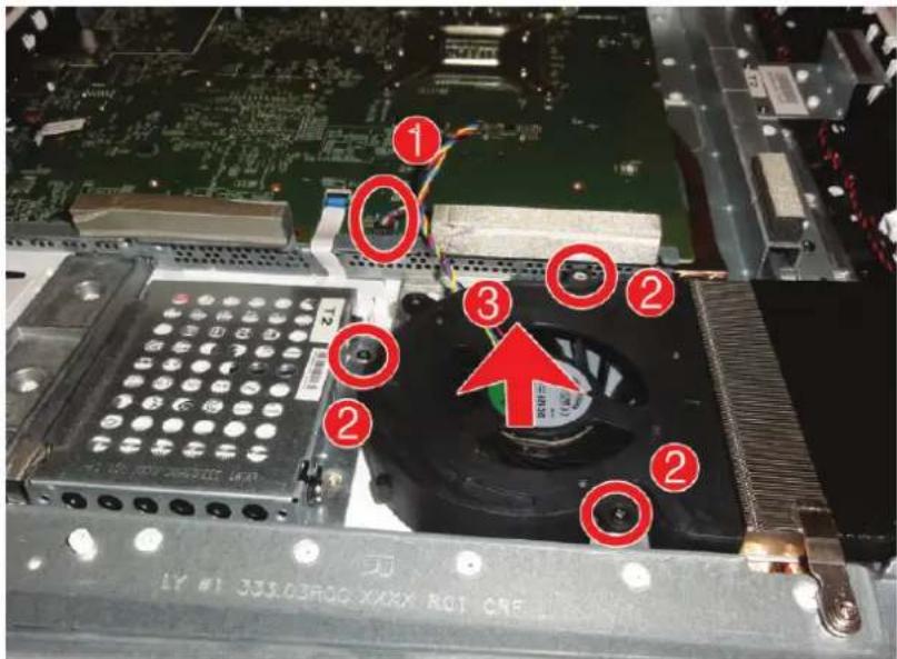 Labeled diagram of a computer motherboard showing numbered components and a highlighted fan component with red arrows indicating motion or assembly.