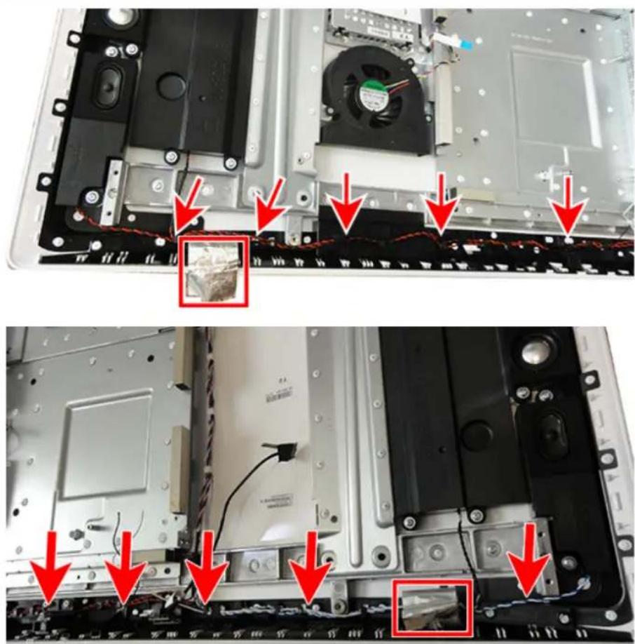 Technical diagram showing two views of an electronic device with red arrows indicating inspection or repair points, highlighting a component with visible wiring and a magnified inset.