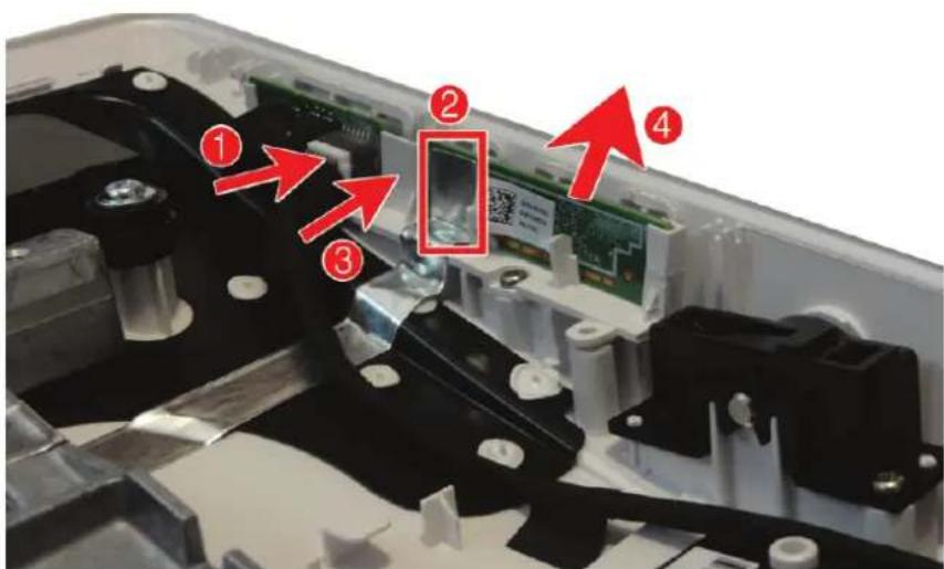 Diagram showing four numbered components of an electronic device with red arrows indicating assembly or process flow.