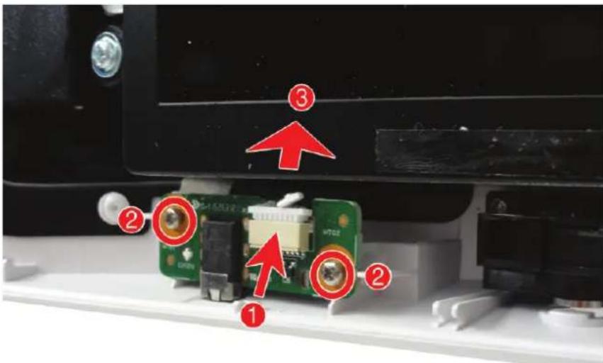 Labeled diagram of a computer motherboard showing numbered components and red arrows indicating parts of the circuit board.