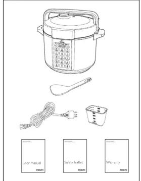 Product diagram of a rice cooker with labeled components including user manual, safety leaflet, and warranty.