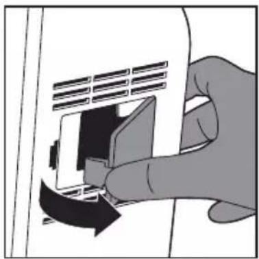Hand inserting a card into a device with a curved arrow indicating rotation (no text or symbols)