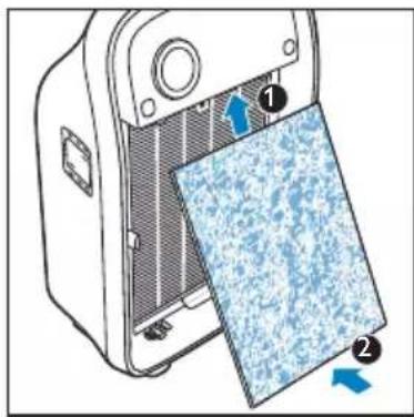 Diagram showing a device with labeled parts, including a blue textured panel and directional arrows indicating movement or flow.