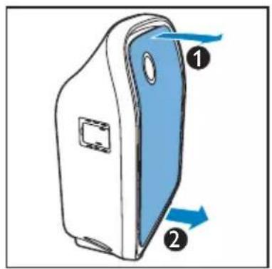 Diagram of a device casing with blue interior and labeled parts (no text or symbols)