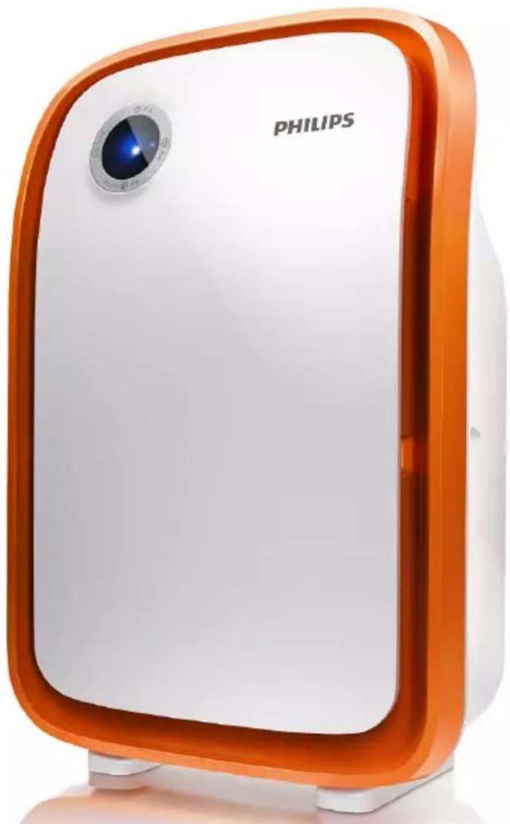 White Philips air purifier with orange frame and circular lens (no text or symbols on device body)