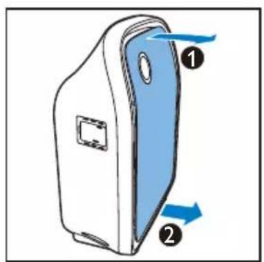 Diagram of a device casing with two blue arrows indicating directional movement (no text or symbols)