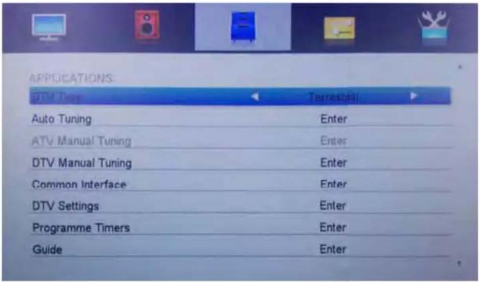 APPLICATIONS DTV Day Turnsball Auto Tuning Enter ATV Manual Tuning Enter DTV Manual Tuning Enter Common Interface Enter DTV Settings Enter Programme Timers Enter Guide Enter