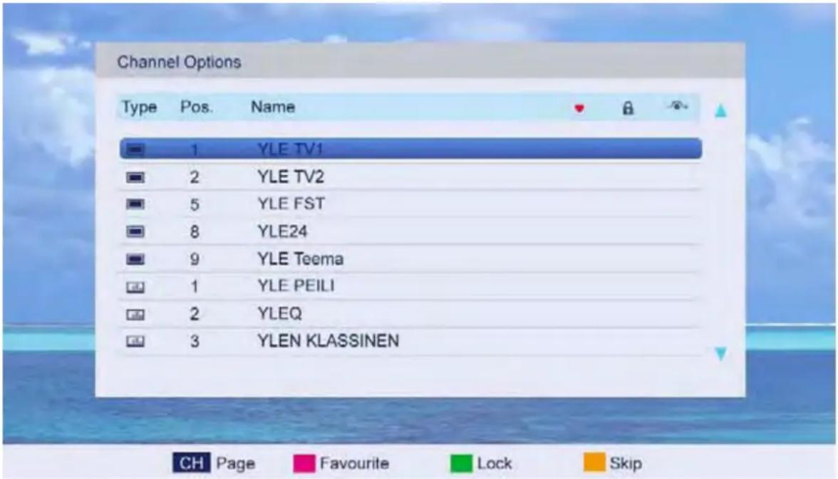 Channel Options Type Pos. Name 1 YLE TV1 2 YLE TV2 5 YLE FST 8 YLE24 9 YLE Teema 1 YLE PEILI 2 YLEQ 3 YLEN KLASSINEN CH Page Favourite Lock Skip