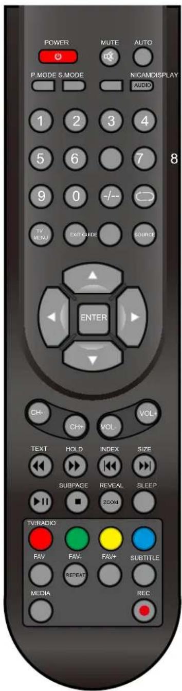 POWER MUTE AUTO P.MODE S.MODE NICAMDISPLAY AUDIO 1 2 3 4 5 6 7 9 0 -/-- TV MENU EXIT GUIDE SOURCE ENTER CH- CH+ VOL- VOL+ TEXT HOLD INDEX SIZE SUBPAGE REVEAL SLEEP ZOOM TV/RADIO FAV FAV- FAV+ SUBTITLE REPEAT MEDIA REC