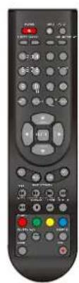 Black remote control with labeled buttons and ports, including red, green, yellow, and blue indicators