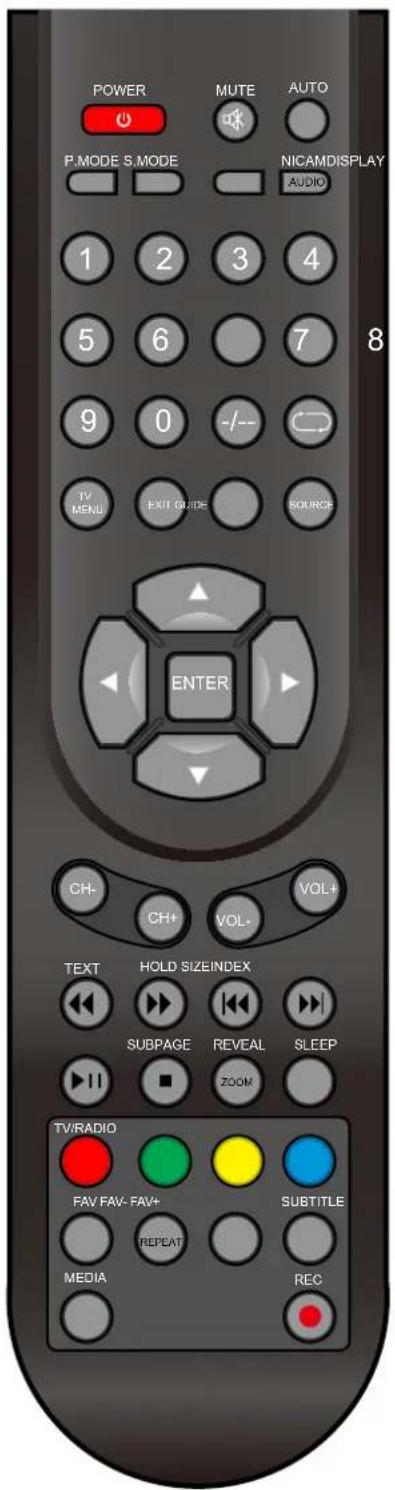 POWER MUTE AUTO P.MODE S.MODE NICAMDISPLAY AUDIO 1 2 3 4 5 6 7 9 0 -/-- TV MENU EXIT GUIDE SOURCE ENTER CH- CH+ VOL- VOL+ TEXT HOLD SIZE INDEX SUBPAGE REVEAL SLEEP ZOOM TV/RADIO FAV FAV- FAV+ SUBTITLE REPEAT MEDIA REC 8